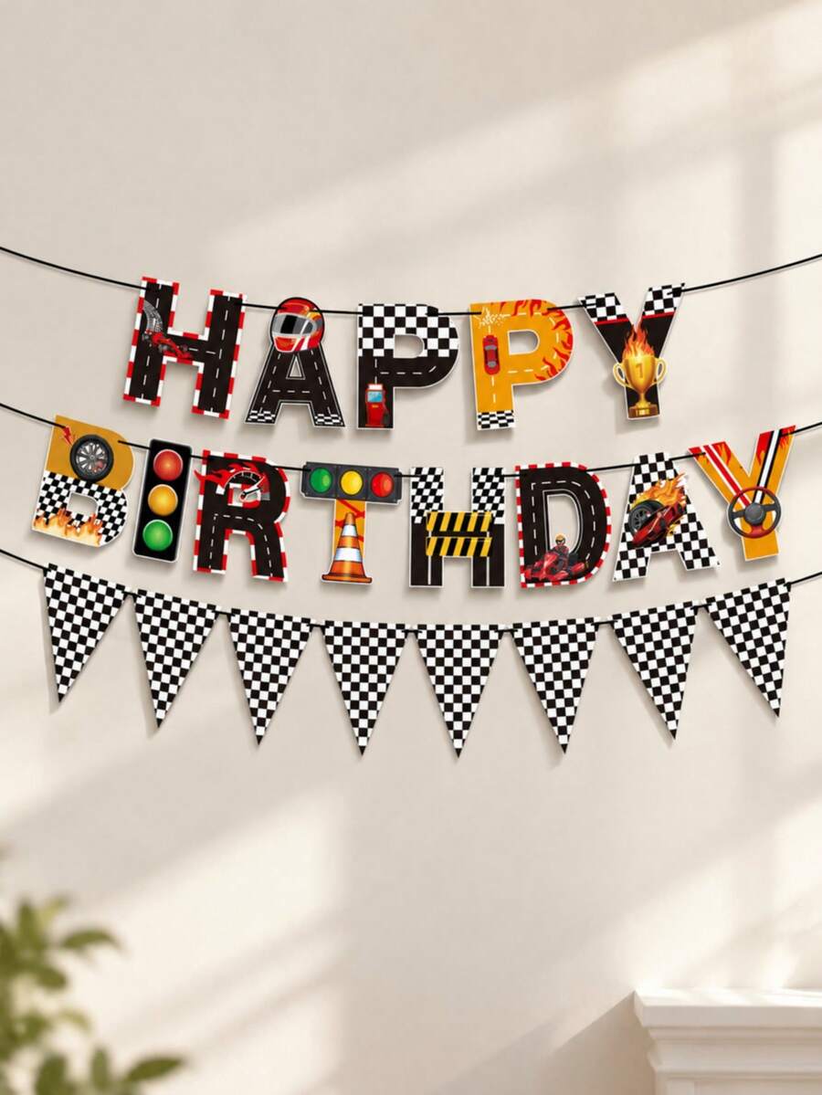 1 Set Racing Theme Happy Birthday Banner, Includes Checkered Triangle Flags, Racing Helmet Traffic Light Trophy Steering Wheel Pattern Paper Garland, Black And White Checkered Racing Theme Hanging Decorations, Suitable For Birthday Party Indoor/Outdoor Wall Photo Booth Decor - View 1