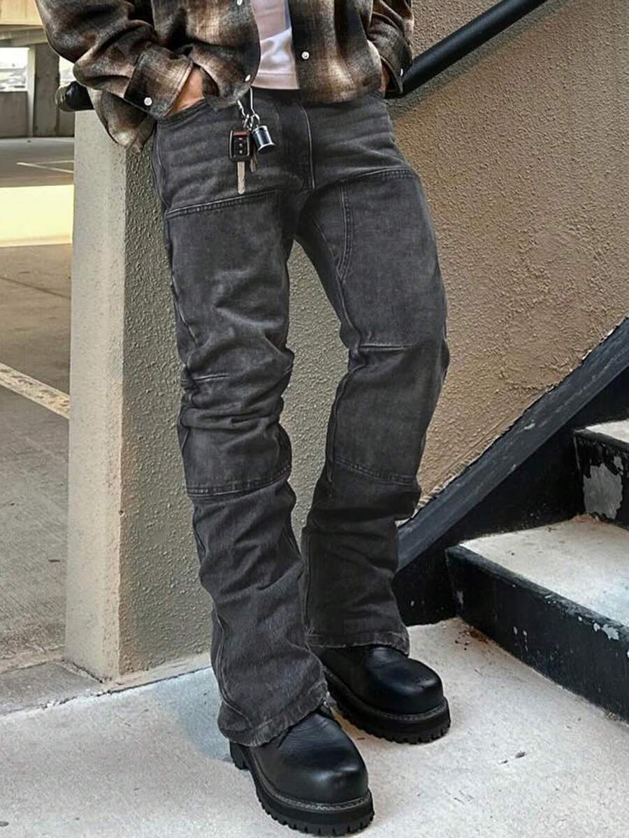 美式街頭 Clean Fit 復古水洗黑色丹寧牛仔褲 男款,修身顯瘦喇叭褲長褲(不含腰帶或配件) - 灰色 - 查看 1