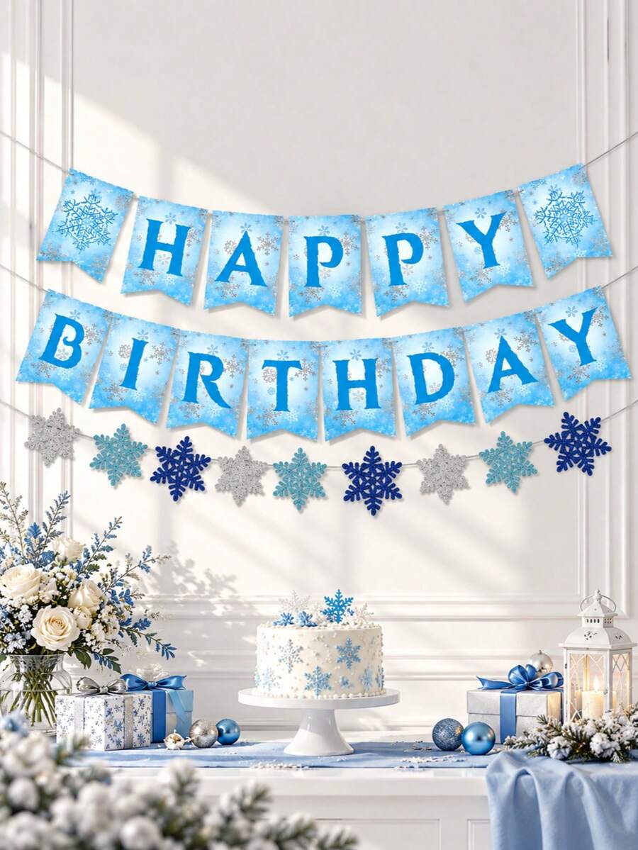 3pcs Happy Birthday Banner, Blue & Silver Snowflake Paper Triangle Flag Garland, Winter Ice Theme Hanging Decoration, Indoor/Outdoor Wall Decor, Suitable For Winter Birthday Celebration, Theme Party, Photo Backdrop Props - View 1