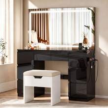 Devoko Makeup Vanity Table With Large LED Mirror And Storage Stool, 115 Cm Dressing Table With 7 Drawers And Power Outlet, Cosmetic Table With Padded Bench, Black High Gloss - 查看 2