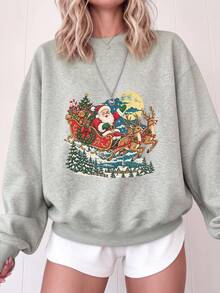 Women's Plus Size Pullover Hoodie, Santa Claus Reindeer Christmas Print - Light Grey - View 11