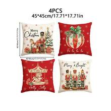 4pcs Vintage Christmas Nutcracker Carousel Christmas Ball Gift Letter Print Christmas Pillowcase, Home Sofa Holiday Decoration Cushion Cover, Single-Sided Printing, Pillow Insert Not Included - Red and Beige - View 9