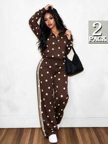 RNU Plus Size Brown & White Polka Dot 2 Pieces Set, Soft Sweatshirt Fabric, Side Tape & Pockets, Loose Slimming Fit, Jacket + Pants, Suitable For Daily, Date, Party & Vacation - Multicolor - View 4