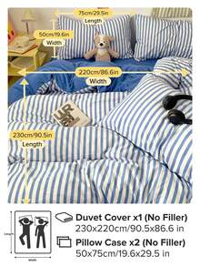 Minimalist Blue & White Striped Duvet Cover Set 3 Pieces, Washed Polyester Fabric, 1 Duvet Cover + 2 Pillowcases, Without Duvet Insert And Pillow Insert, Single And Double Bed Sizes - Blue - View 13