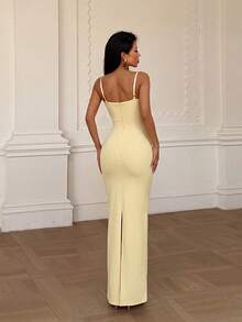 Yellow Sleeveless Long Fitted Dress Made Of Soft Knit Fabric - Yellow - View 4