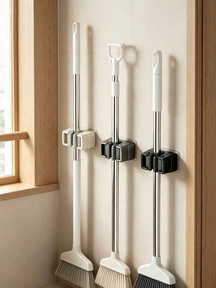 1pc No-Drill Mop Hook, Self-Adhesive Broom Holder, Wall-Mounted Cleaning Tool Storage Rack, Suitable For Bathroom, Kitchen, Balcony, Bathroom Decor, Room Decor, Living Room Decor, Bathroom Accessories, Storage Organizer - Multicolor - View 1