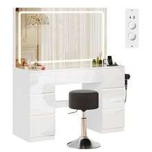 Devoko Dressing Table With Large LED Mirror And Round Stool, 115 Cm Vanity Table With 7 Drawers And Power Outlet, Makeup Table With Hair Dryer Holder, Stool Dark Gray, Table White High Gloss - 查看 10