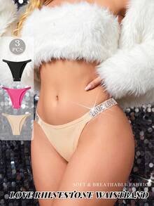 HOTCOM 3pcs Solid Color LOVE Jacquard Rhinestone Ribbed Cotton Women's Triangle Panties Mature Sexy Ladies Underwear - Multicolor - View 3