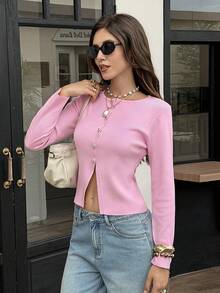 Live To Mo Women's Cute Pink Button Knit Cardigan, Elegant Casual Sweater, Suitable For Autumn Back To School, Commuting And Outings - Pink - View 10