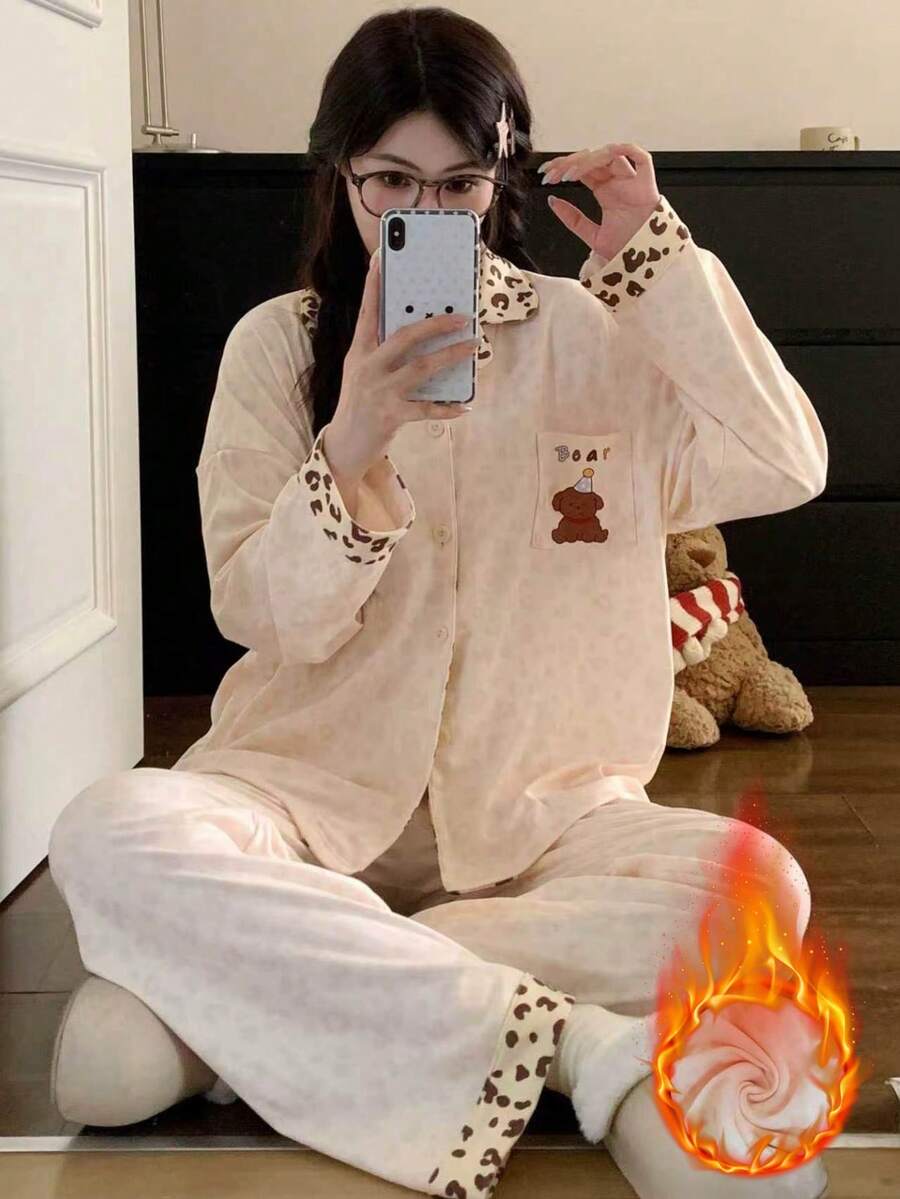 2件組女款睡衣家居服套裝,新款開襟翻領動物印花長袖長褲,易打理面料 - 香檳色 - 查看 1