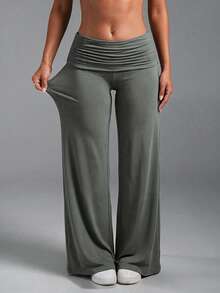 Women's Autumn/Winter Solid Color Ruched High Waist Wide Leg Pants, Draped Casual Loose Long Pants, Y2K Style, Versatile Daily Wear Bottoms - Moss Green - View 1