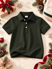 Young Boy Classic Military Green Solid Color Short Sleeve Polo Shirt Suitable For Daily Wear, Outings, Gatherings, Performances And Activities - Army Green - View 1