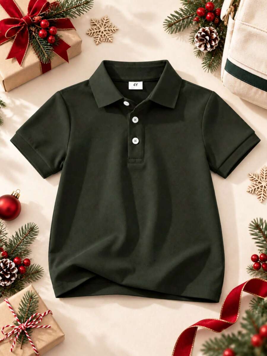 Young Boy Classic Military Green Solid Color Short Sleeve Polo Shirt Suitable For Daily Wear, Outings, Gatherings, Performances And Activities - Army Green - View 1
