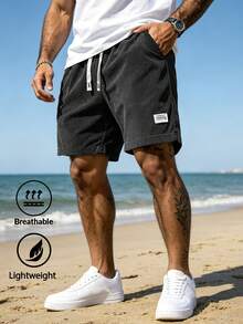 Men's Casual Corduroy Lightweight Breathable Shorts With Drawstring Waist, Suitable For Outdoor Beach And Casual Wear In Summer - Black - View 5