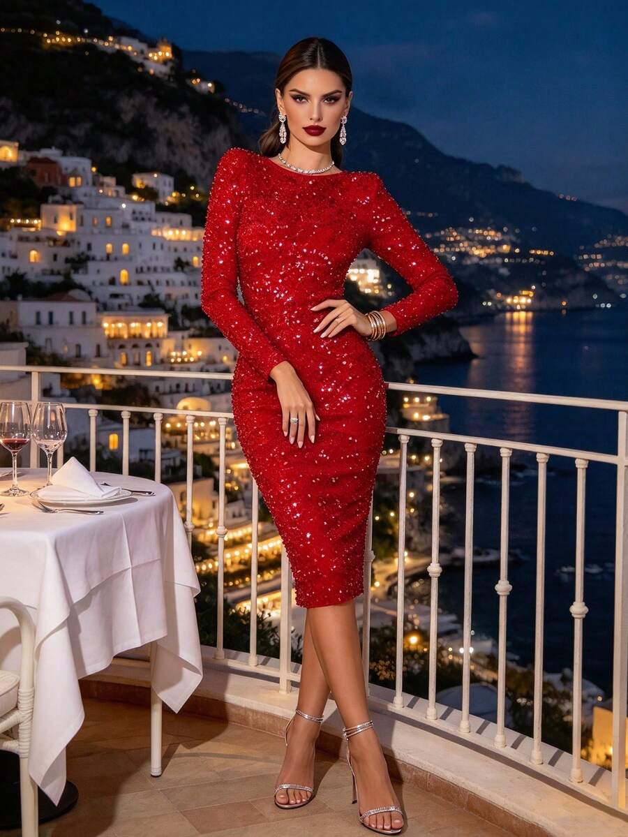 Joyfunear Women's Festive Bright Sequin Decorated Round Neck Slim Fit Long Sleeve Dress Elegant Spring - Red - View 1