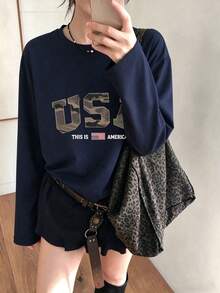 女款時尚秋冬寬鬆極簡百搭字母印花長袖T恤 - 藏蓝色 - 查看 3