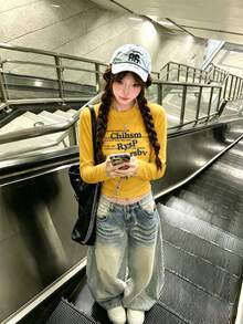 American Retro Slim Fit Flattering Round Neck Short Length Long Sleeve T-Shirt For Women, Minimalist Letter Print, Yellow Top - Yellow - View 1