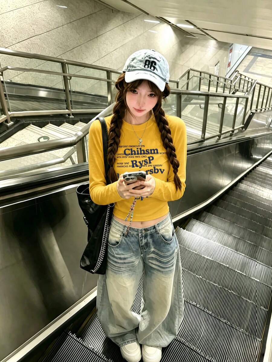 American Retro Slim Fit Flattering Round Neck Short Length Long Sleeve T-Shirt For Women, Minimalist Letter Print, Yellow Top - Yellow - View 1
