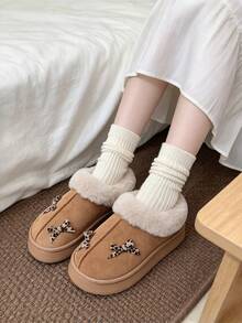 Women's Fleece Leopard Print Bow Thick Sole Slippers, Warm Lining, Closed Back, Unisex Indoor/Outdoor Slippers - Style B-brown - View 1
