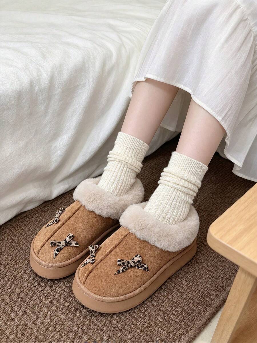 Women's Fleece Leopard Print Bow Thick Sole Slippers, Warm Lining, Closed Back, Unisex Indoor/Outdoor Slippers - Style B-brown - View 1