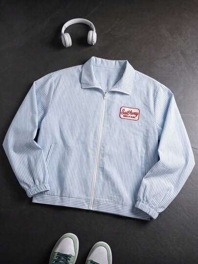 Japanese Academy Style Oxford Striped Embroidered Shacket, Men's Korean Version Loose Fit Versatile Lapel Jacket Top
