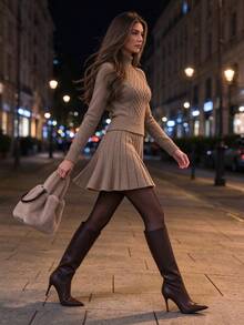 Autumn/Winter New Semi-High Neck Cable Knit Sweater + Pleated Mini Skirt 2 Pieces Set, Gentle Commuter Style, Suitable For Daily Commute, Dining, Dating, Shopping, Walking, Simple Casual Outfit - Oatmeal - View 1