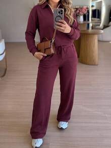 LUNNELUX Women Fall Burgundy Knit 2 Pieces Outfits, Half Zip Collar Long Sleeve Top & Drawstring Wide Leg Pants Set Halloween Travel Daily Tracksuit - Burgundy - View 3
