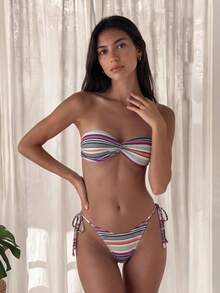 New Strapless/Detachable Strap Striped Print Sexy Bikini Swimwear (Women), Suitable For Beach, Pool Party, Vacation Summer - Multicolor - View 1