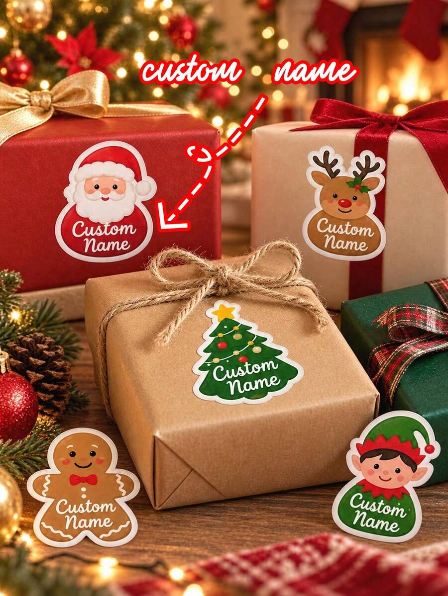 Christmas Gift Stickers, Personalized Name Labels, Christmas Name Stickers, Customized Gingerbread Man Sock Style Christmas Name Stickers, Customizable Holiday Gift Label Stickers, Self-Adhesive Customized Name Stickers, Suitable For Christmas Tree - Multicolor - View 1