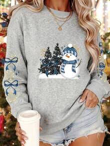 Women's Plus Size Pullover Sweatshirt, Snowman Bow & Tree Print - Light Grey - View 11