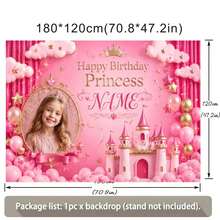 1pc Customizable Photo & Name Princess Theme Happy Birthday Backdrop Banner, Pink Balloon Castle Gold Star Crown Decor Design, Suitable For Princess Theme Birthday, Baby Shower Party Background Decoration Photography Banner Vinyl - Pink - View 12