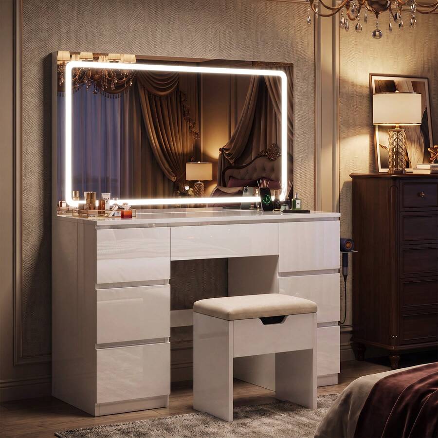 Devoko Vanity Table With Large LED Mirror And Storage Stool, 115 Cm Dressing Table With 7 Drawers And Power Outlet, Makeup Vanity With Padded Bench, White High Gloss - 查看 1