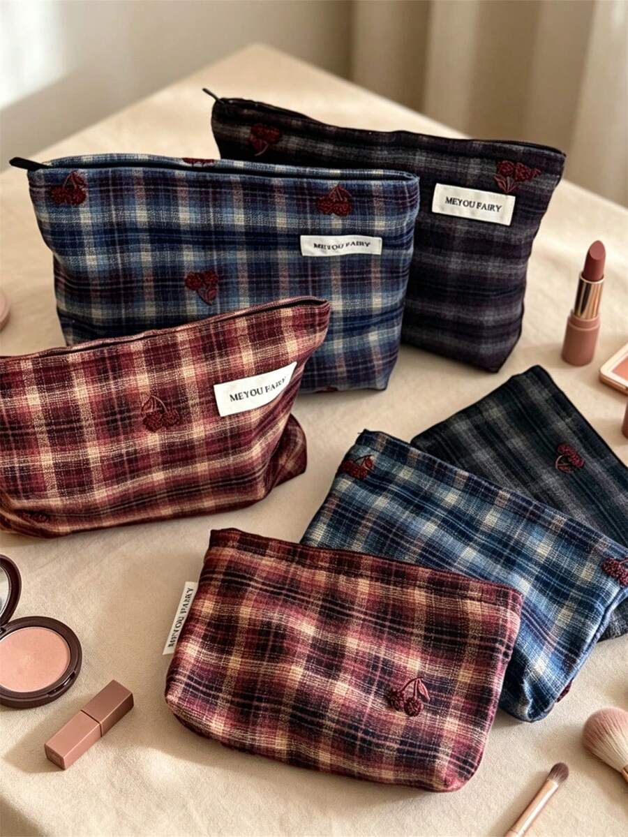 MEYOU FAIRY AGG Vintage Plaid Cherry Embroidered Pattern Makeup Bag, Convenient Handbag, Storage Bag, Toiletry Bag, Large Capacity Cosmetic Bag, Makeup Organizer Bag, Travel Essential Bag, Women's Sanitary Pad Storage Bag, Student Pencil Case - Multicolor - View 1