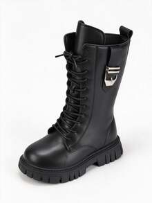 Girls' Black High-Top Boots, Metal Buckle Decor, Lace-Up + Side Zipper Design, Cool Cargo Style Style Non-Slip Thick Sole Kids' Long Boots - Black - View 5