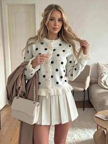 Women's Autumn/Winter New Elegant Polka Dot Ruffle Knit Cardigan, Commute Office Business Workplace Casual Daily Wear - Off-white Black - View 5