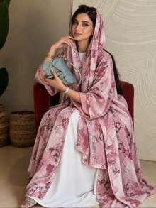 Elegant Long Sleeve Floral Chiffon Long Abaya, Featuring Graceful Flowing Dress Design, Suitable For Autumn Wear, Exuding Daily Sophistication - Pink - View 4