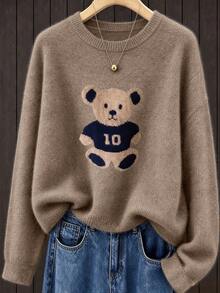 Women's New Round Neck Long Sleeve Sweater, Cute Bear Print, Fashion Casual Knit Style, Suitable For Daily Commute - Earth Gray - View 9