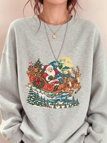 Women's Plus Size Pullover Hoodie, Santa Claus Reindeer Christmas Print - Light Grey - View 10