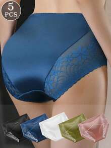 5pcs Women's Sexy Semi-Sheer Lace Panties, Satin Color - Multicolor - View 1