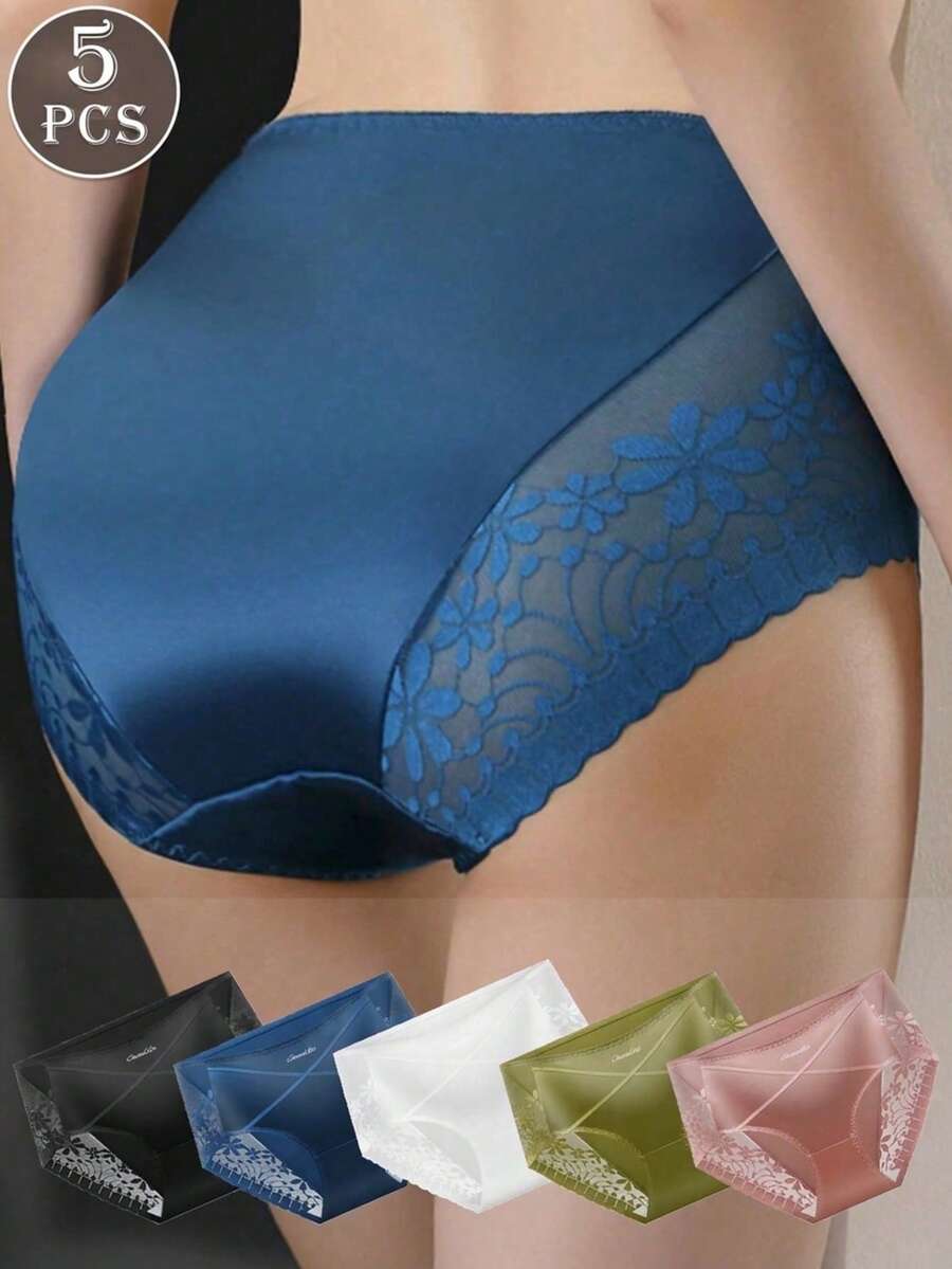 5pcs Women's Sexy Semi-Sheer Lace Panties, Satin Color - Multicolor - View 1