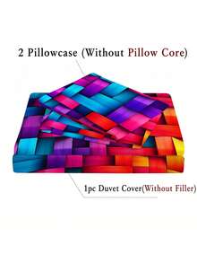 3pcs Rainbow Square Geometric Pattern Print Duvet Cover Set (1 Duvet Cover + 2 Pillowcases, No Fill), Soft & Breathable Fabric, Machine Washable, Suitable For All Seasons, Bedroom And Guest Room Bedding Decor - Multicolor - View 8