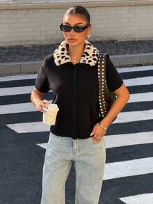 DEEKA Autumn/Winter New Women's European And American Style Fashion Minimalist Versatile Detachable Faux Fur Collar Knit Cardigan - Black - View 3