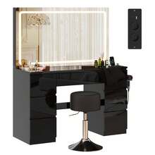 Devoko Vanity Table With Large LED Mirror And Round Stool, 115 Cm Dressing Table With 7 Drawers And Power Outlet, Makeup Table With Hair Dryer Holder, Stool Dark Gray, Table Black High Gloss - 查看 10