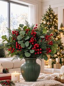 24Pcs Artificial Green Eucalyptus Leaves With Red Berries Stems & Norfolk Pine Branch, Realistic Winter Greenery Floral Arrangement Stems, Lifelike Christmas Floral Decor, Suitable For Vases, Table Centerpieces, Mantels, Stairs, Wreaths, Weddings - Multicolor - View 2