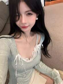 女款長袖針織毛衣修身內搭層，蕾絲蝴蝶結吊帶上衣，2件套，秋冬款 - 綠色 - 查看 5