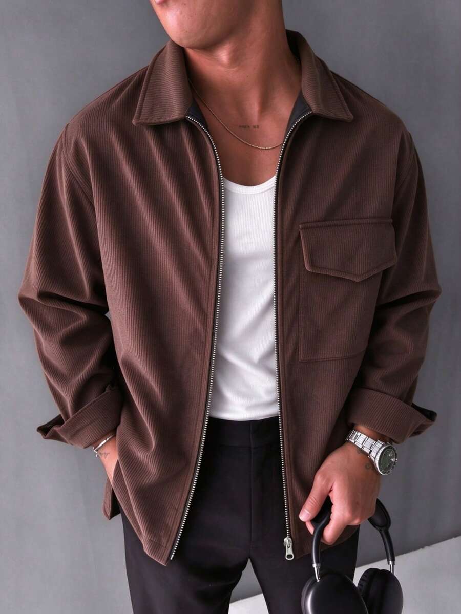 Men's Autumn/Winter Vintage Fashion Versatile Jacket, Turn-Down Collar Casual Daily Commute Outerwear - Coffee Brown - View 1