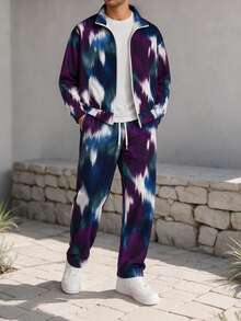 Men's Gradient Print All-Over Print 2 Pieces Set - Men's Stand Collar Full Zip Hoodie Jacket + Drawstring Wide Leg Pants, Streetwear Sports Outfit - Multicolor - View 1