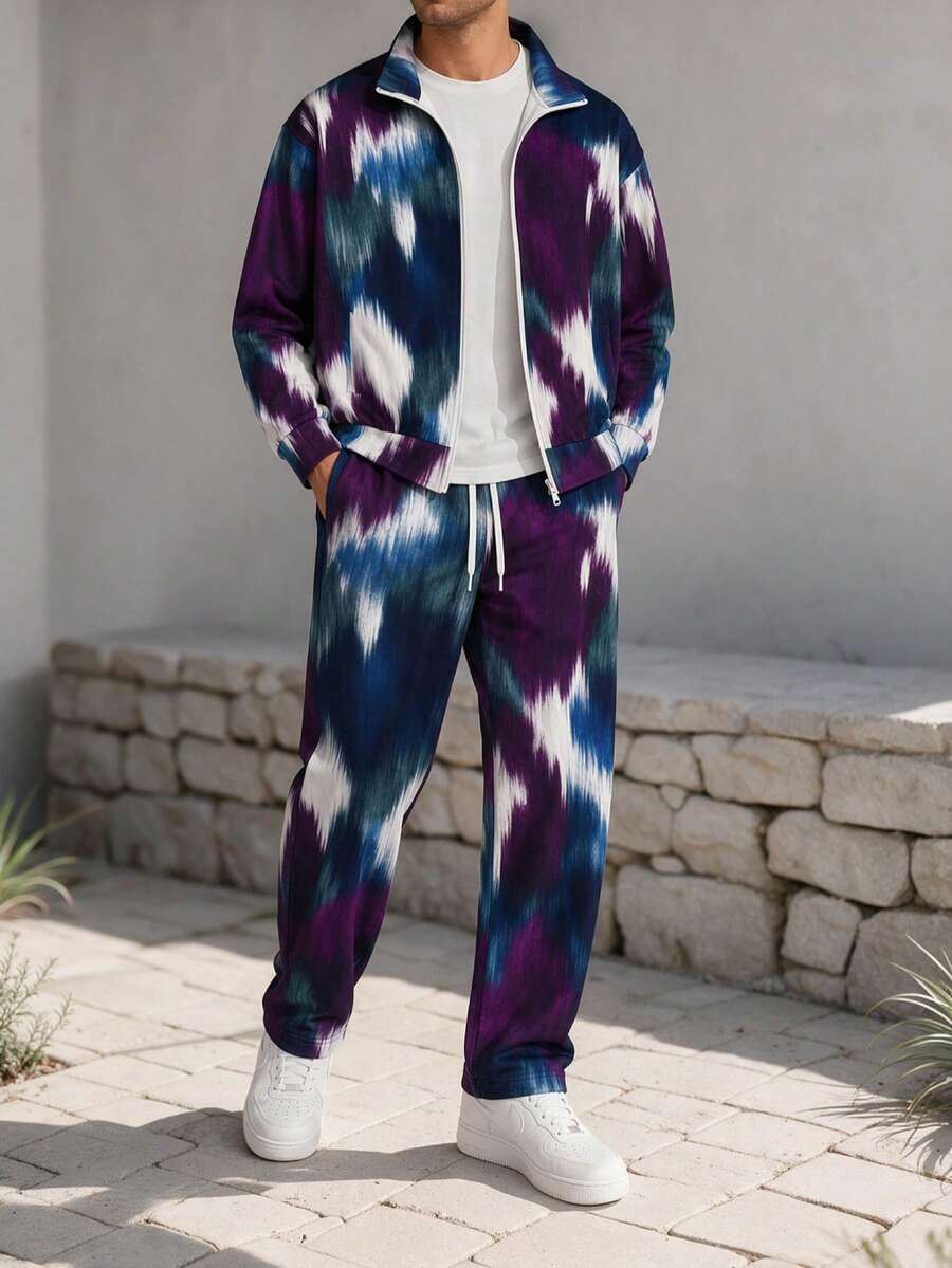 Men's Gradient Print All-Over Print 2 Pieces Set - Men's Stand Collar Full Zip Hoodie Jacket + Drawstring Wide Leg Pants, Streetwear Sports Outfit - Multicolor - View 1