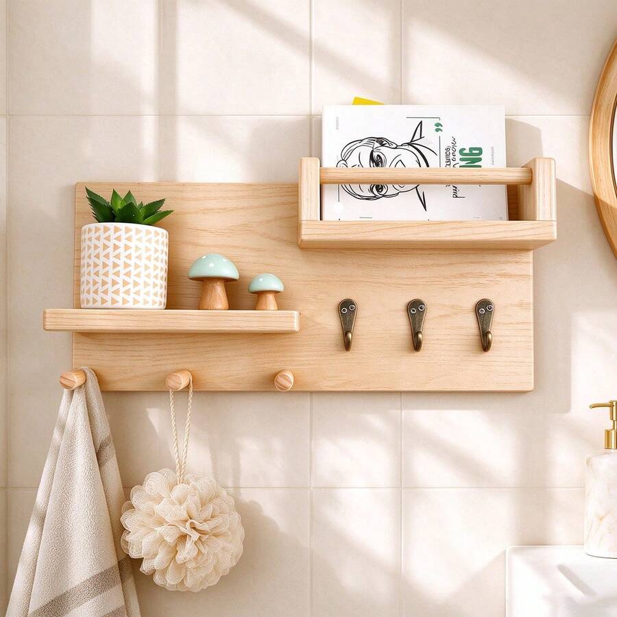Wooden Wall-Mounted Key Rack With Double-Layer Display Shelf And Multiple Hooks, Room Decor, Bedroom Decor, Suitable For Bedroom, Kitchen, Bathroom, Multi-Functional Wall-Mounted Storage Rack, Can Hang Bags, Photos And Small Decorations, Practical Home Decor, Entryway Wall Decor - View 1