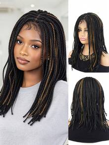 Women's Long Wavy Synthetic Wig, Brown With Gold Skunk Stripe Highlights, Heat-Resistant Fiber Curly Hair Wig, Natural Style, Suitable For Daily Wear And Parties - Multicolor - View 12